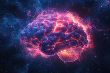 Poster - A fiery brain explodes in a cosmic nebula, symbolizing the vastness of human consciousness and potential.