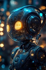 Poster - futuristic robot against neon lights in cyberpunk style fantasy setting