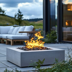 Poster - modern outdoor fire pit surrounded by natural stones creates warm and inviting atmosphere in serene garden setting. flames dance beautifully, enhancing cozy ambiance
