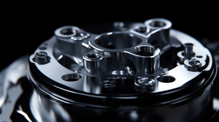 Poster - Precision Engineering: A close-up captures a sleek, high-tech metallic component, showcasing intricate details and the artistry of advanced manufacturing in a dark backdrop. 