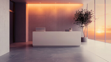 Poster - sleek minimalist reception area features modern white desk, soft ambient lighting, and large window showcasing stunning sunset view. space exudes tranquility and sophistication