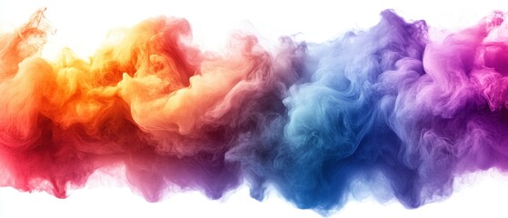Poster - Ethereal smoke art in vibrant gradient of orange pink blue and purple on white background creating a dreamy and abstract visual effect for creative projects