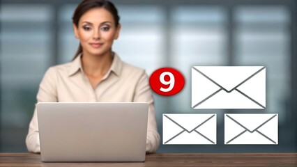 Poster - Woman managing email notifications on laptop. Digital communication with unread message icons. Professional workspace with email interface.