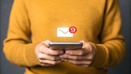 Poster - Close-up of person holding smartphone with unread messages. Mobile notification alert with red envelope icon. Modern communication technology in focus.