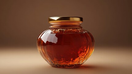 Poster - Golden honey in glass jar on brown background studio shot with soft light and shadow for food photography