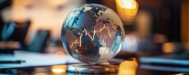 Aufkleber - Candlestick in crystal globe predicting stock market success concept. A crystal globe with financial charts symbolizing global markets.