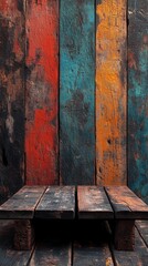 Poster - Rustic wooden planks in vibrant colors create a textured backdrop with a weathered wooden stage perfect for product placement and artistic photography