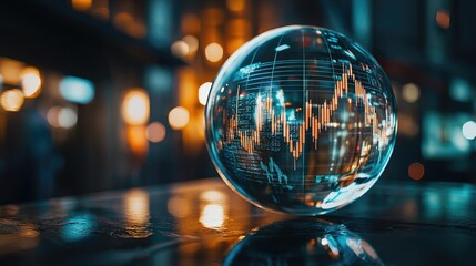 Poster - Candlestick in crystal globe predicting stock market success concept. Crystal globe showcasing stock market trends in a modern setting.