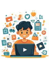 Poster - Young man engaging with digital content on a laptop surrounded by media icons