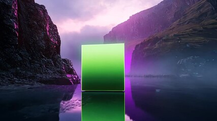 Wall Mural - Glowing green cube in a mystical, foggy mountain lake at sunset
