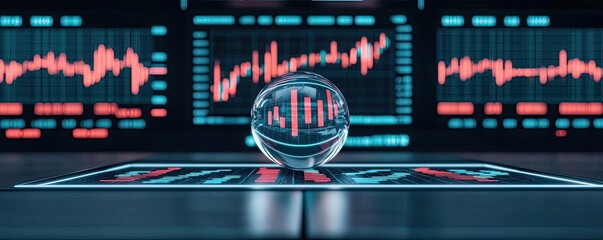 Poster - Candlestick in crystal globe predicting stock market success concept. Futuristic data visualization with a crystal ball and graphs.