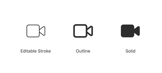 Poster - video camera icon, video call app icon sign for media, streaming, recording and communication app designs in three styles: editable stroke, outline and solid