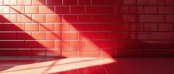 Poster - Radiant Red Tile Wall and Floor with Sunlight Casting Dramatic Shadows Creating a Modern Minimalist Interior Space