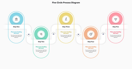 Aufkleber - Process flow chart with five colorful steps and a place for your text. Simple infographic design with icons and curved line for workflow layout, banner or web design.