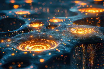 Poster - Abstract digital art depicting a dark, swirling landscape with glowing orange energy centers.