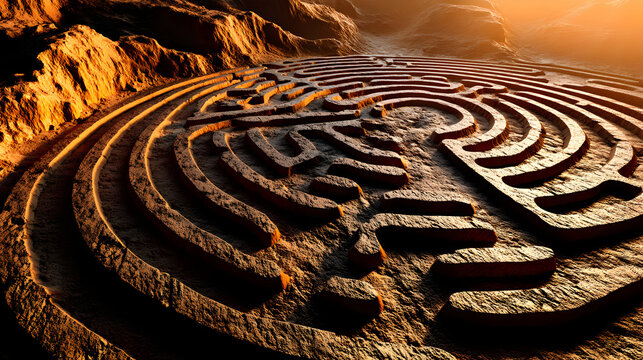 Aerial View of a Complex Stone Maze in a Desert Landscape at Sunset