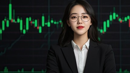 Aufkleber - Green stock market chart showing financial success in business concept. Confident businesswoman in front of a stock market graph.