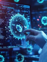 Leinwandbilder - Close-up of scientist examining holographic virus structure in high-tech lab with glowing screens