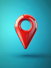 Poster - Glossy Red Location Pin Icon on Teal Background Symbolizing Navigation and Direction for Travel Apps