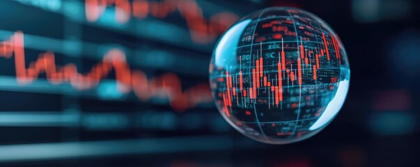 Poster - Candlestick in crystal globe predicting stock market success concept. A crystal ball reflecting financial data and market trends.