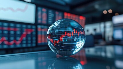 Poster - Candlestick in crystal globe predicting stock market success concept. Crystal globe representing global financial trends and analysis.