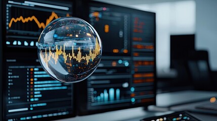 Poster - Candlestick in crystal globe predicting stock market success concept. A futuristic interface displaying financial analytics and data.