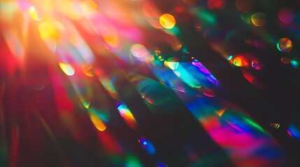 Fototapete - Vibrant rainbow prism refraction overlay with holographic crystal reflections, dynamic lens flare shadows, and disco ball-inspired light leaks on a dark background.