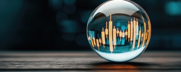 Poster - Candlestick in crystal globe with stock market forecast concept. A crystal ball showcasing data visualization in a modern setting.