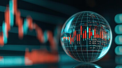 Aufkleber - Candlestick in crystal globe with investment forecasting analysis concept. Global financial data visualization with digital graphs and globe.