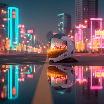 Futuristic Helmet Reflecting Neon City Lights at Night