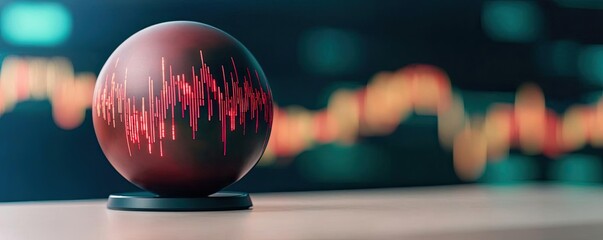 Poster - Candlestick in crystal globe predicting stock market success concept. A modern globe showcasing soundwave patterns in vibrant colors.
