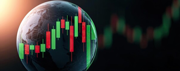 Poster - Candlestick in crystal globe with investment forecasting analysis concept. Global finance chart overlaid on a 3D globe representation.