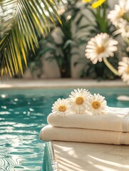 Poster - Serene poolside relaxation scene with soft towels delicate daisies and tranquil turquoise water creating a peaceful spa atmosphere under tropical palm trees