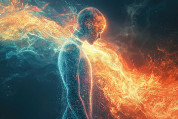 Poster - Abstract artwork depicting a human figure enveloped in swirling, fiery, and icy energy, symbolizing duality or transformation.