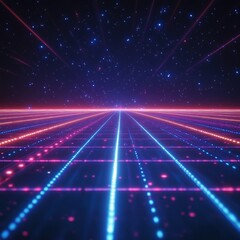 Poster - Futuristic Grid Landscape with Glowing Neon Lines and Starry Sky Evoking a Sense of Digital Space and Retro Aesthetic