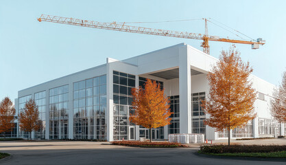 Aufkleber - Modern building exterior with large glass windows and construction crane in background, surrounded by autumn trees showcasing vibrant orange leaves