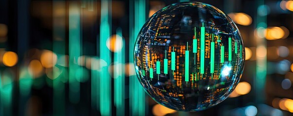 Poster - Candlestick in crystal globe with stock market forecast concept. Abstract digital globe showing financial data trends and analytics.