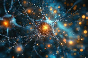 Poster - Microscopic view of a neuron, its complex network of dendrites and axon highlighted with glowing nodes.