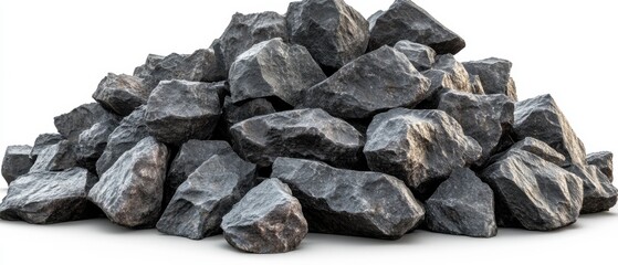 Poster - Pile of weathered gray rocks on a white background showcasing natural texture and rugged beauty for construction material and geological study