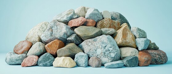Poster - Pile of Natural Stones in Various Colors and Textures Against a Light Blue Background for Creative Design Projects