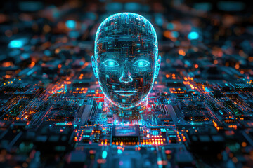 Poster - A digital human head embedded within a complex circuit board, symbolizing artificial intelligence and technological advancement.