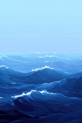 Poster - Serene blue ocean artwork showcasing dynamic waves against a gradient sky creating a peaceful seascape