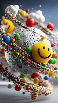 Whimsical Colorful Sphere with Smiley Faces and Candy