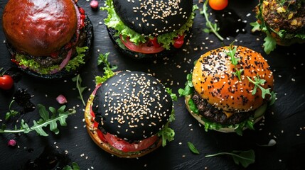 Poster - Colorful burgers with unique buns and fresh toppings showcased under glowing ambient lighting
