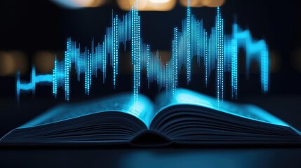 Poster - Open book showing historical stock market with digital lights concept. An open book with a visual sound wave representation.
