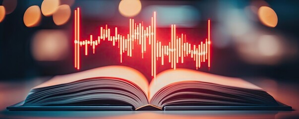 Aufkleber - Open book with vertical digital lights chart in financial reveal concept. An open book with audio waveforms illustrating sound and knowledge.