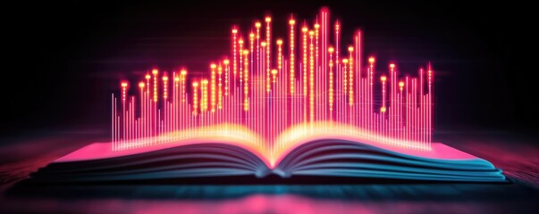 Aufkleber - Open book with vertical digital lights chart in financial reveal concept. An illuminated book representing knowledge and creativity.