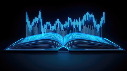 Poster - Open book showing historical stock market with digital lights concept. Digital book with sound wave visualization in blue neon style.