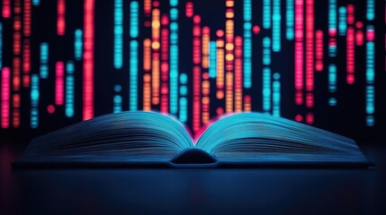 Poster - Open book with vertical digital lights chart in financial reveal concept. Open book with glowing digital elements in a dark background.