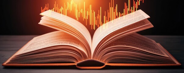 Aufkleber - Open book showing historical and contemporary stock market concept. An open book with data visualization elements emerging.